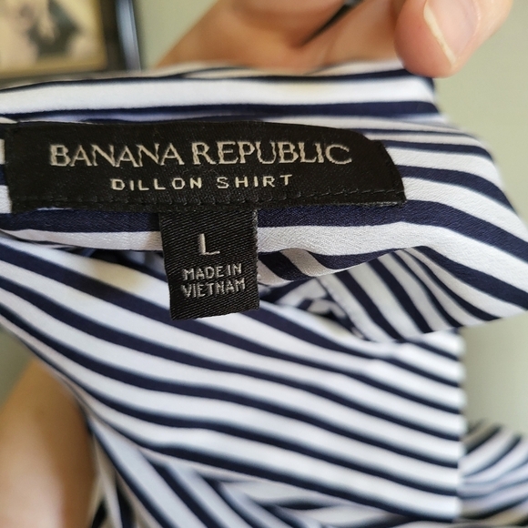 Banana Republic Striped Navy and White Dillon Shirt with Ruffle Sleeves - Picture 7 of 8